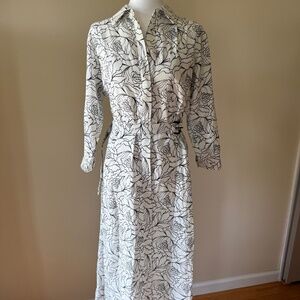 PASHMINA Women's Belted B&W Floral Print Midi Collared Button Down Dress